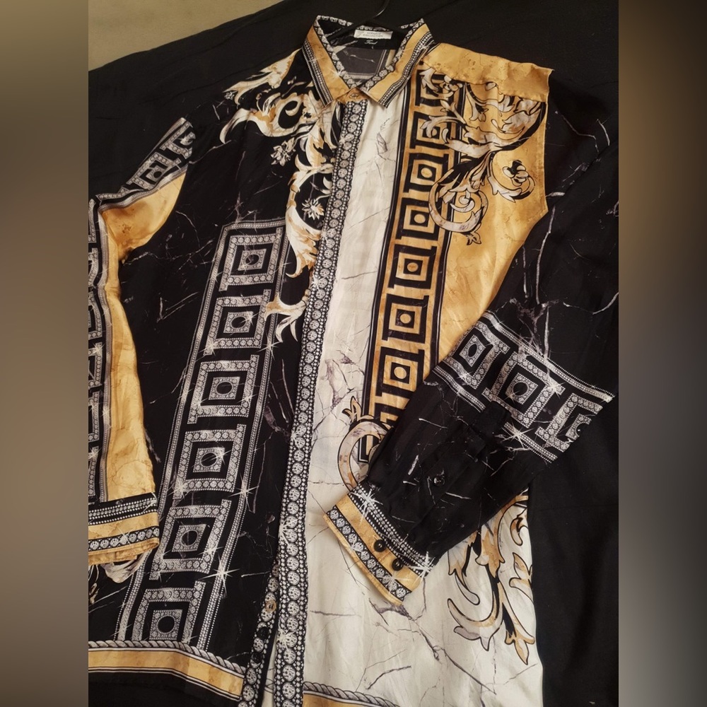 Rare Versace Grecca Baroque Marble silk button up shirt